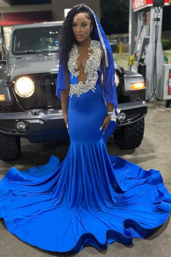 Königsblaues Meerjungfrau-Abendkleid mit V-Ausschnitt und Perlenbesatz, DP2652