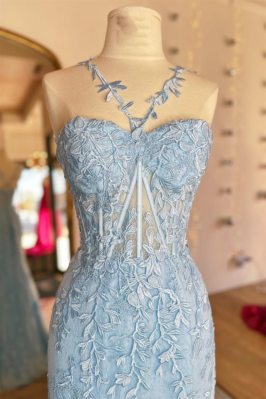Charmante robe de bal longue rouge sirène dos nu en tulle, DP956