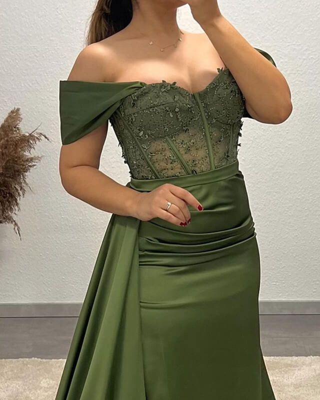 Olivgrünes Meerjungfrau-Abendkleid mit Satin-Applikation, DP0100