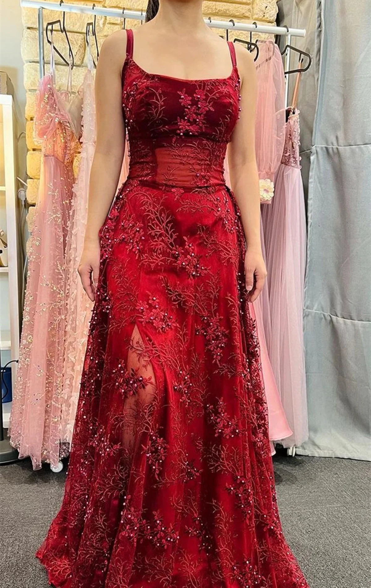 Robe de soirée longue trapèze rouge vin à bretelles spaghetti, DP2496