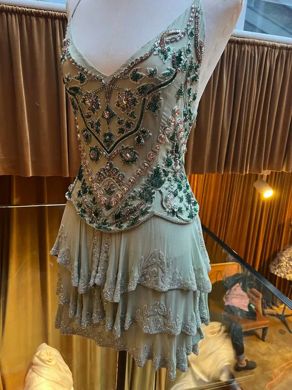 Vintage Green Embroidery Beaded Homecoming Dress A-Line Backless Party Dress Short Cocktail Dress, DP6552