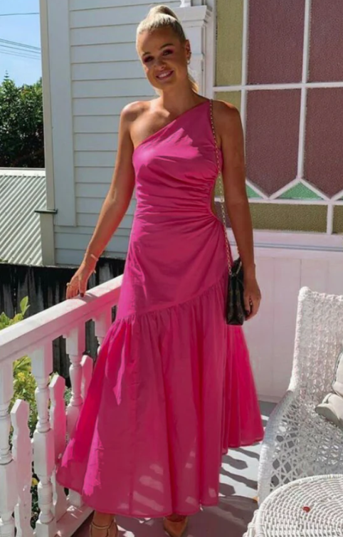 Robe de soirée longue rose vif asymétrique, coupe trapèze, DP2458
