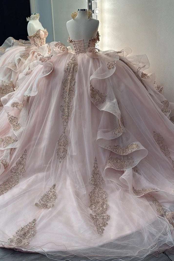 Glamorous Pink Beaded Embroidery Tulle Off-Shoulder A-Line Quinceanera Ball Gown DP7153