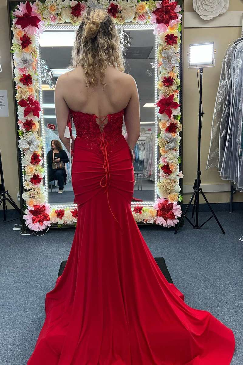 Robe de bal longue rouge en dentelle florale 3D, sans bretelles, style sirène, DP052
