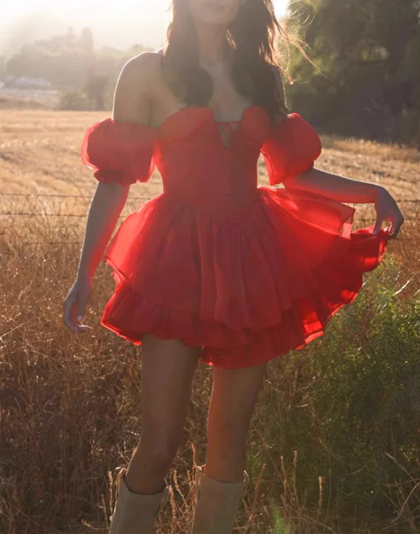 Süßes rotes schulterfreies kurzes A-Linien-Partykleid Cocktailkleid Homecoming-Kleid DP6496