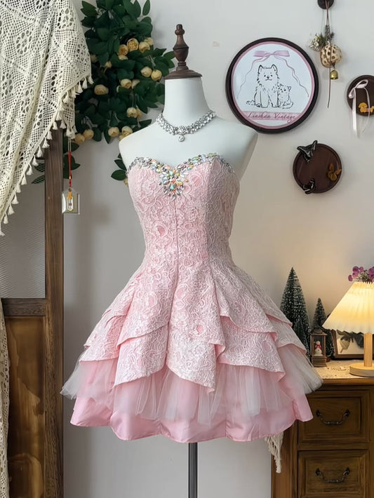 Glam Pink Strapless Sweetheart Rhinestone Beaded Trim Lace Corset Tiered Ruffle Tulle A Line Short Homecoming Dress XS006