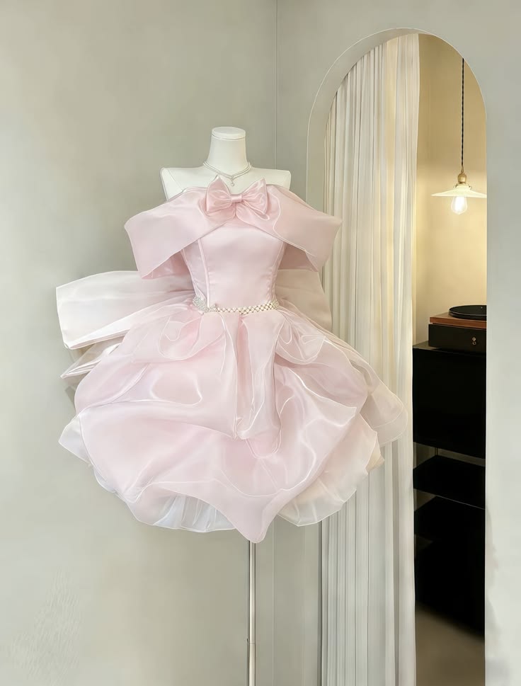 Chic Pink Off The Shoulder Satin Corset Big Bow Beaded Waist Fluffy Runched Organza A Line Short Homecoming Dress XS009
