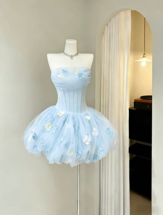 Gorgeous Pale Blue Strapless Corset 3D Floral Tulle Puffy A Line Short Homecoming Dress XS012