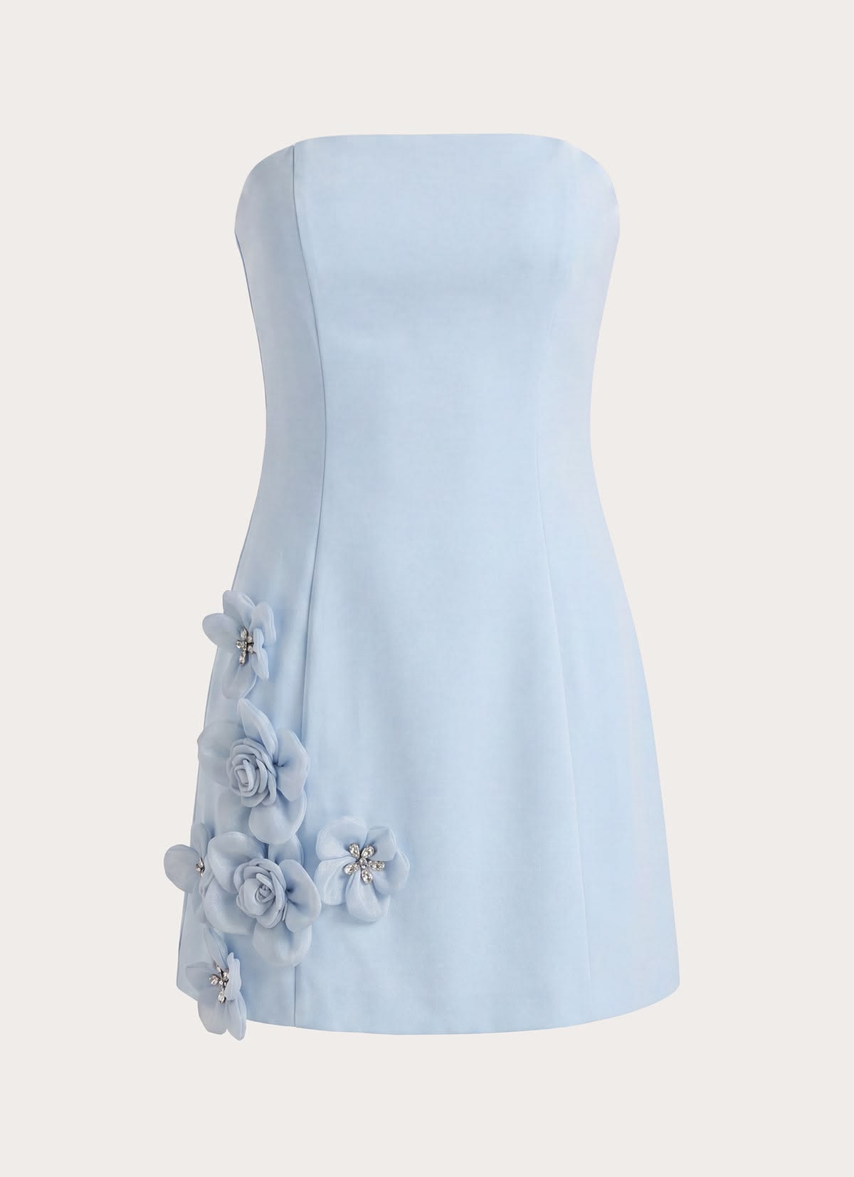 Glam Light Blue Strapless Satin 3D Floral Appliques Bodycon Short Homecoming Dress XS013