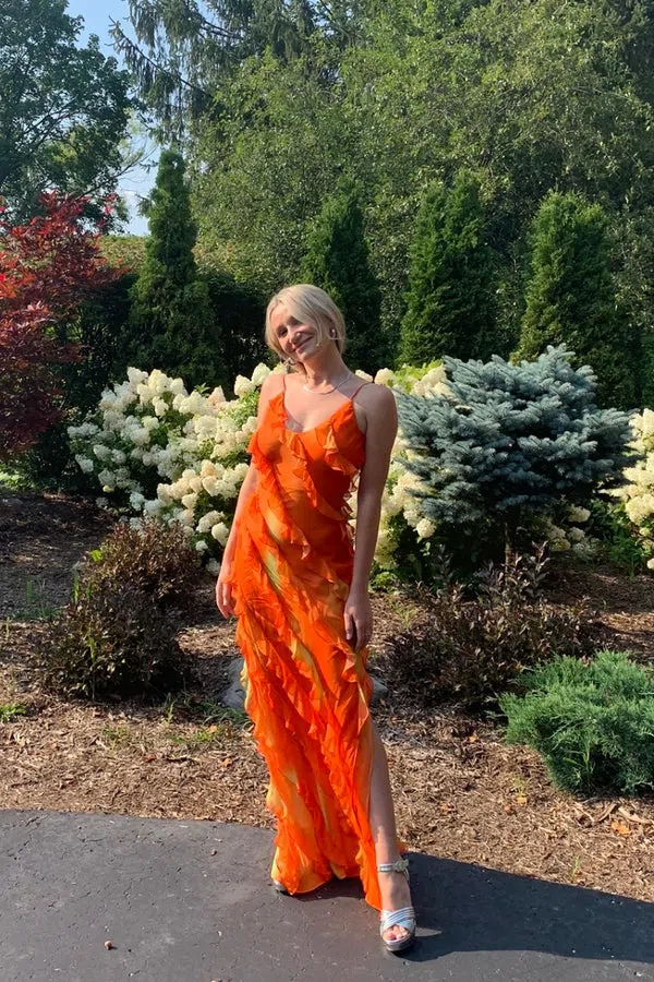 Orange Spaghettiträger Meerjungfrau Langes Partykleid Hochzeitsgastkleid,DP1896