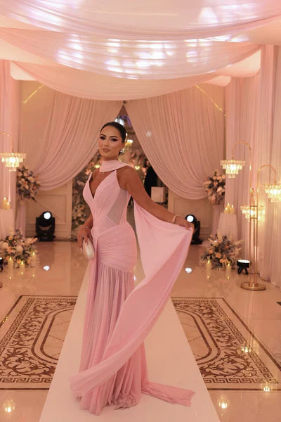 Vintage Pink Tulle Prom Dress Sheath V-neck Evening Gown Dopatta Party Dress Long Formal Dress DP6890