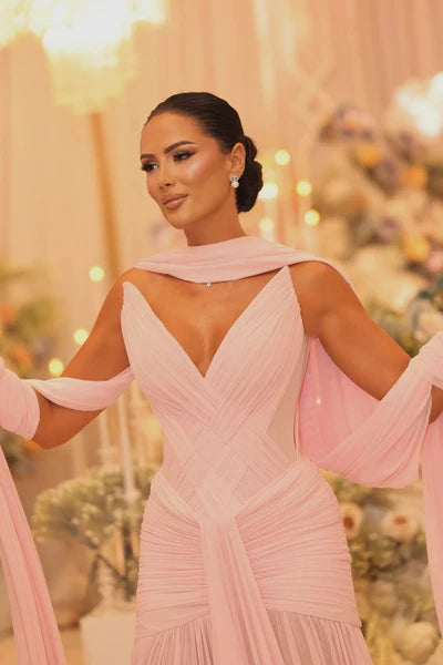 Vintage Pink Tulle Prom Dress Sheath V-neck Evening Gown Dopatta Party Dress Long Formal Dress DP6890