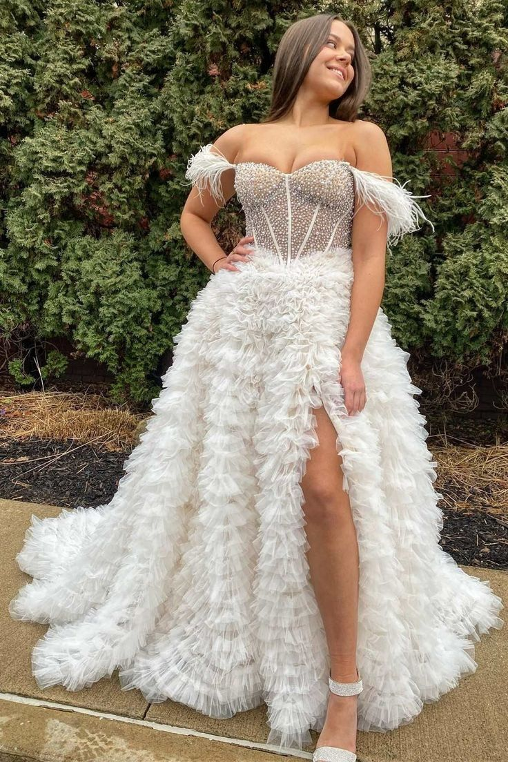 Hot Pink Beaded Feather Off-the-Shoulder Tiered Long Prom Dress with Slit,DP0144