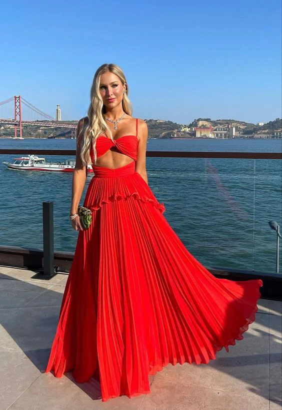 Elegantes langes Partykleid in A-Linie mit Spaghettiträgern in Rot, DP2040