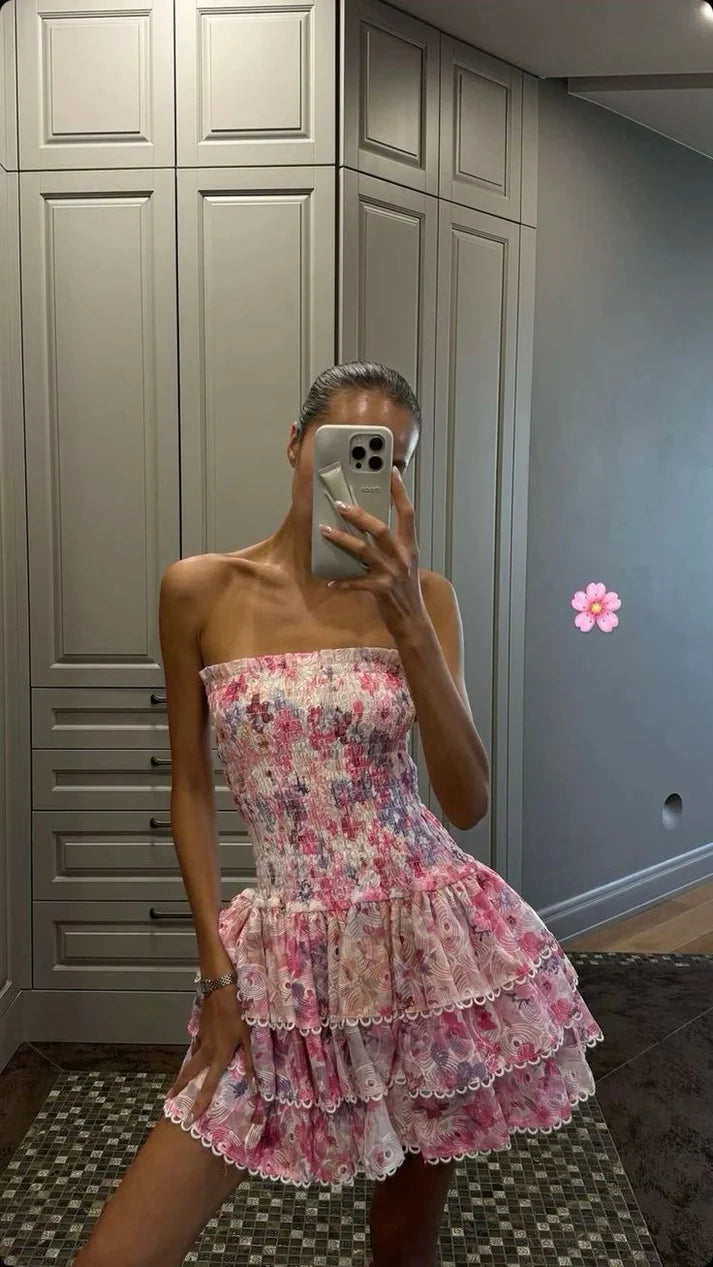 Cute Floral Strapless Design A-line Tiered Party Dress Homecoming Dress DP6104