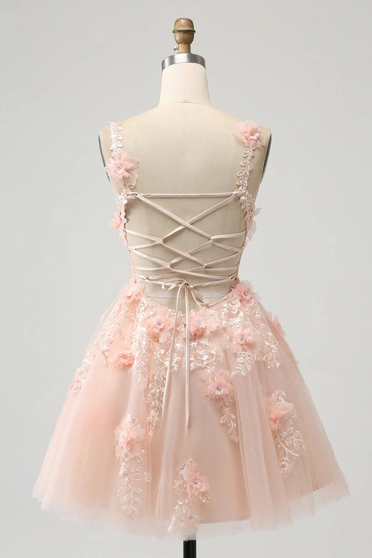 Robe de soirée trapèze à col en V et paillettes blush, motif floral 3D, DP5829