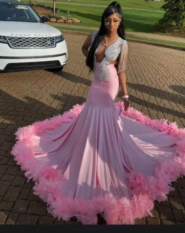 Pink African Prom Dress Mermaid Crystals Feather Black Girl Evening Dr