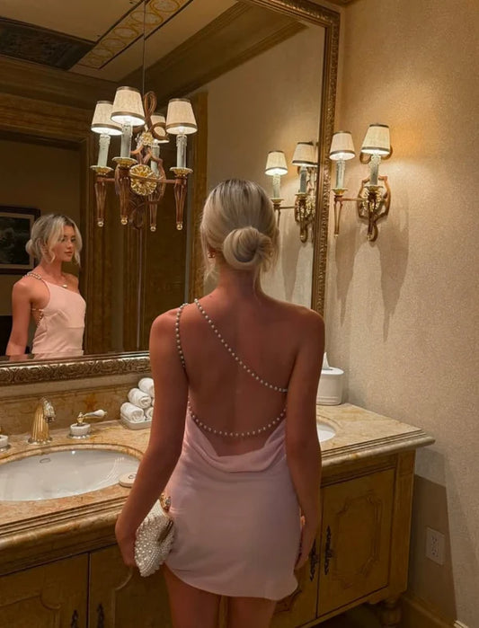 Robe fourreau courte vintage rose asymétrique avec chaîne de perles et dos nu, robe de soirée, robe de cocktail, robe de bal DP6499