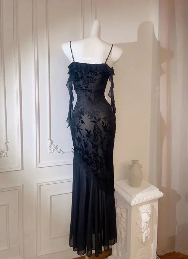 Robe de soirée longue noire à bretelles spaghetti et dentelle style sirène, DP2987