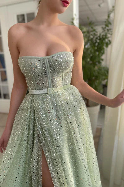 Chic Sage Green Tulle Sequin Prom Dress A-Line Slit Evening Gown Strapless Sash Party Dress Long Formal Dress DP6883