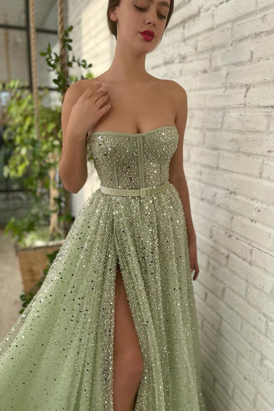 Chic Sage Green Tulle Sequin Prom Dress A-Line Slit Evening Gown Strapless Sash Party Dress Long Formal Dress DP6883