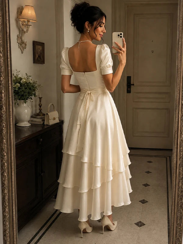 Elegant Ivory Satin Square Neck Short Puff Sleeve Tiered Midi A-Line Evening Dress DP8664