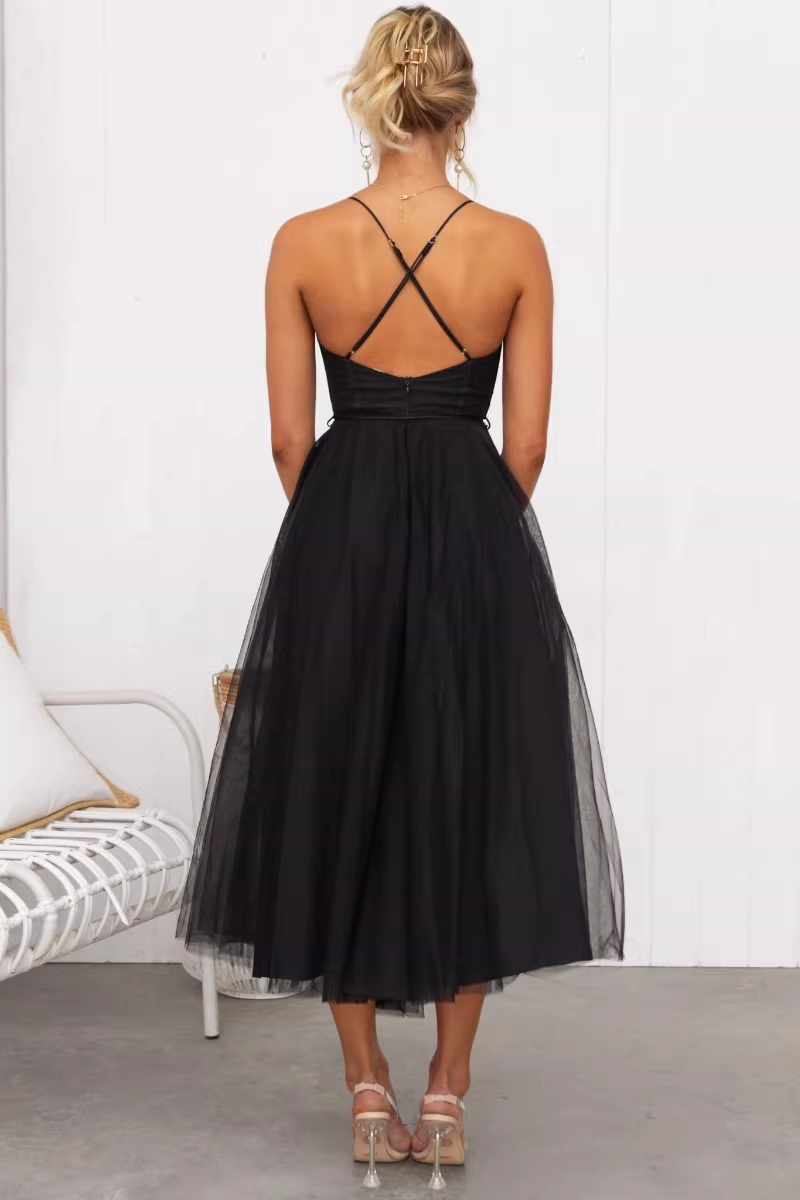 Vintage Tulle Sweetheart Spaghetti Straps Midi Evening Gown DP8143