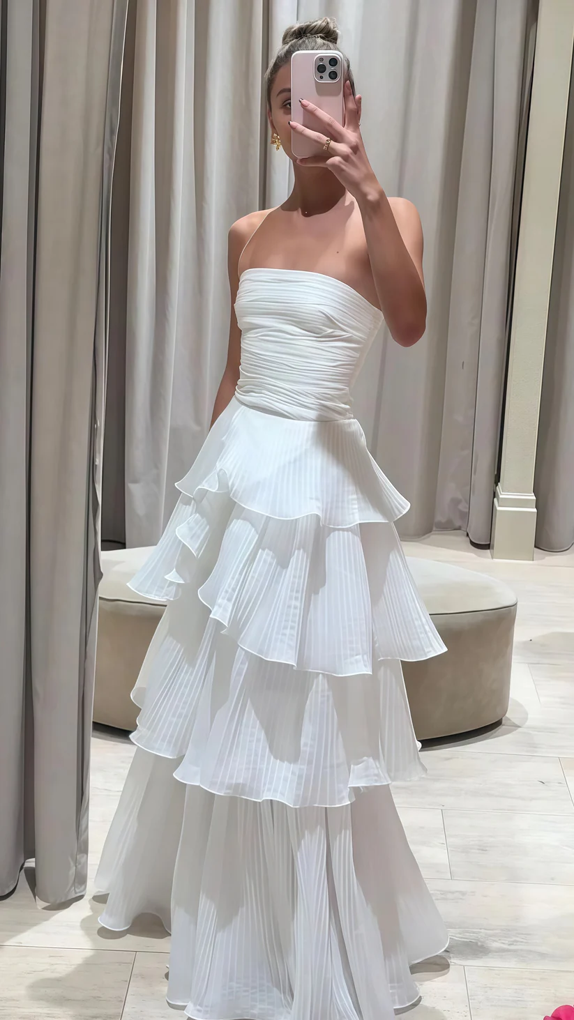 Elegant White Strapless Pleated A-Line Chiffon Long Party Dress, DP2257
