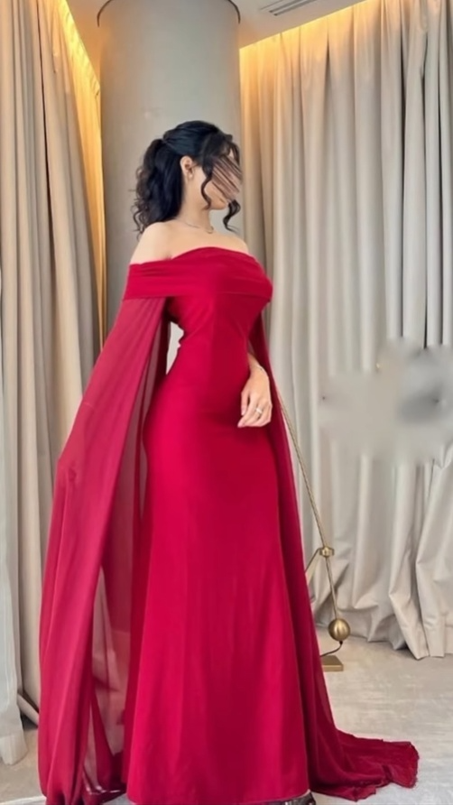 Charming Red Off Shoulder Mermaid Long Evening Dress with Cape, DP3233