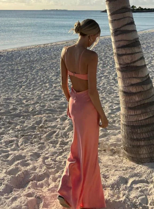 Elegant Pink Prom Dress Satin Sheath Spaghetti Strap Evening Gown Long Party Dress Formal Dress DP6719