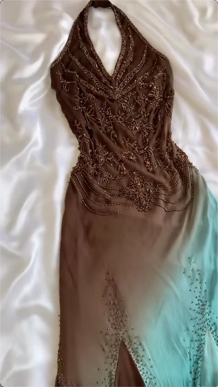 Retro Gradient Gorgeous Exquisite Beaded Halter Dress Long Chiffon Evening Gown Prom Dress DP6086