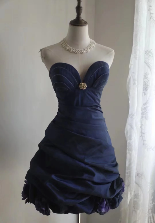 Vintage Navy Blue Strapless Sweetheart Ruched Bodice Gold Embellishment Ruffled Homecoming Dress DP7643