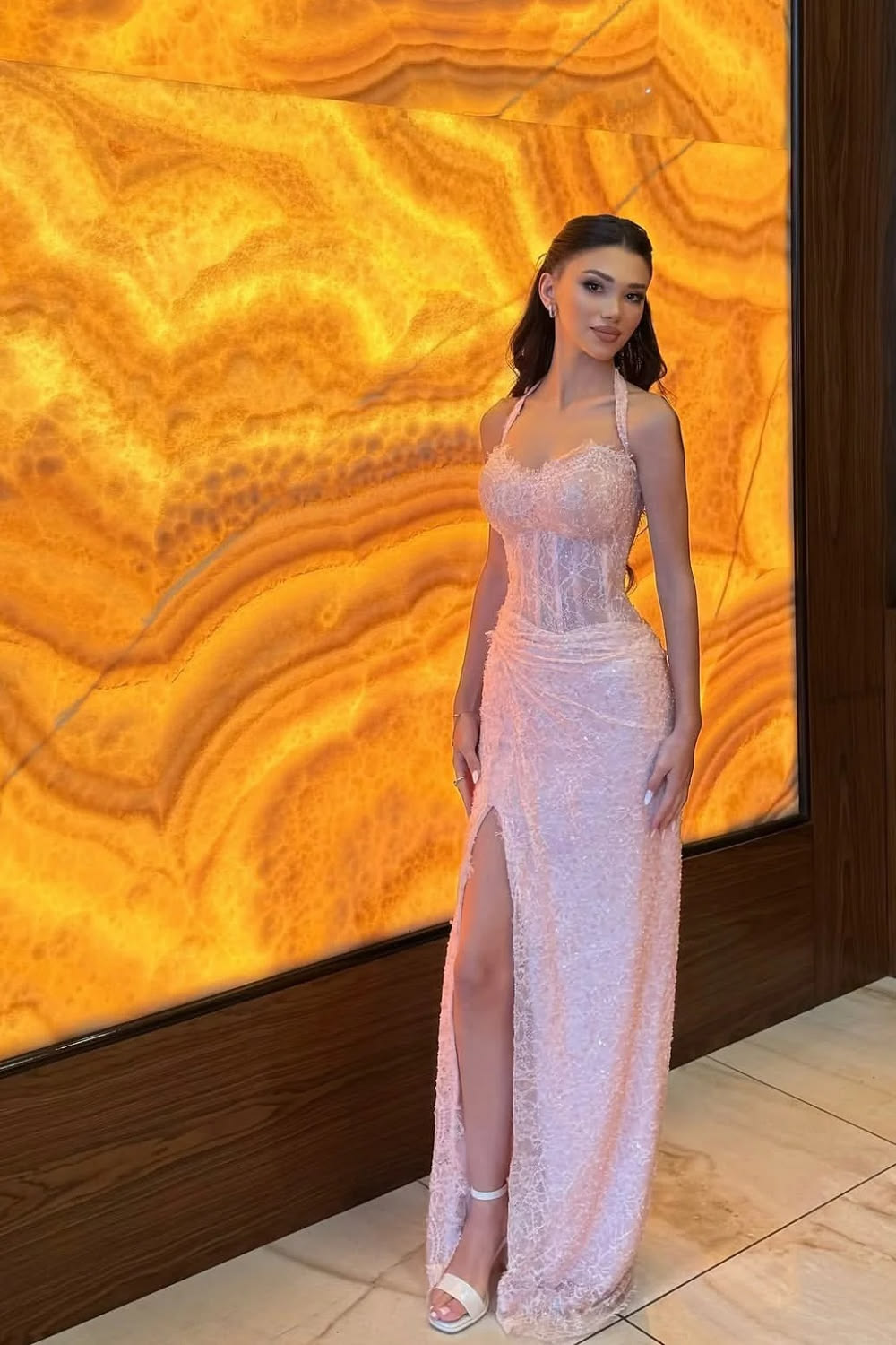 Elegant Pink Lace Prom Dress Halter-Neck Mermaid High Slit Evening Gown DP8195