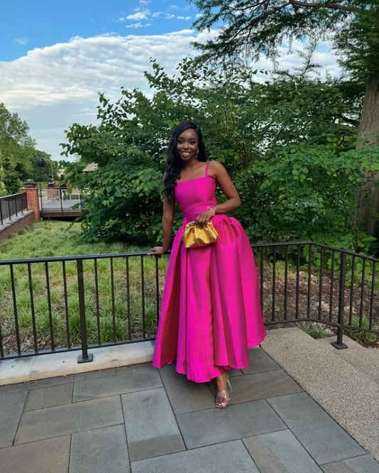 Robe de soirée longue fuchsia en satin à fines bretelles, coupe trapèze, DP3771