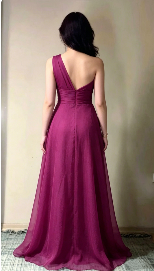 Elegant Burgundy One-Shoulder Draped Ruffle Chiffon A-Line Prom Dress DP8460