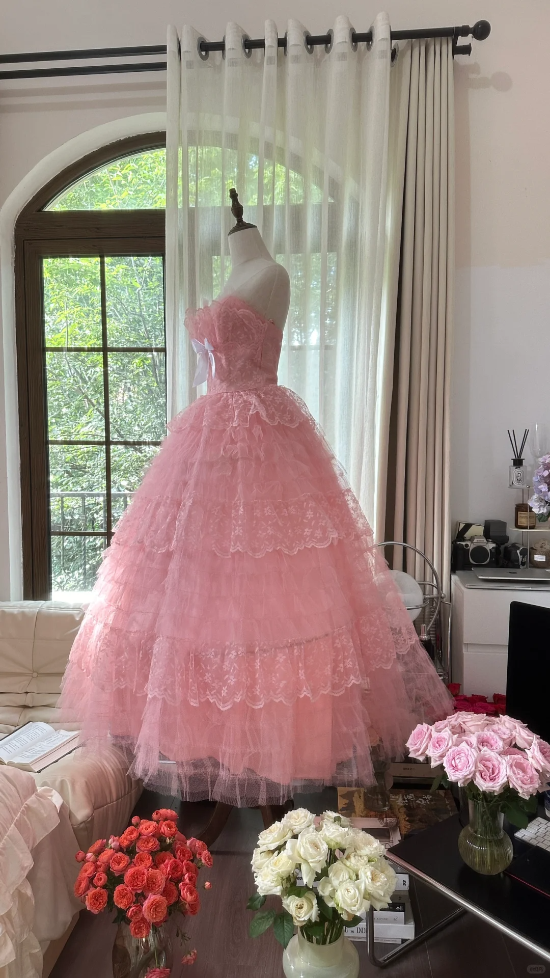 Vintage Pink Strapless Sweetheart Design Romantic Chiffon Tiered Evening Dress Prom Dress, DP5990