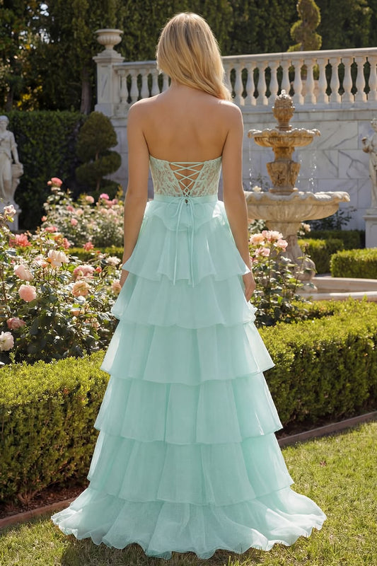 Vintage Strapless Lace Prom Dress Tiered Ruffle Evening Gown DP8265