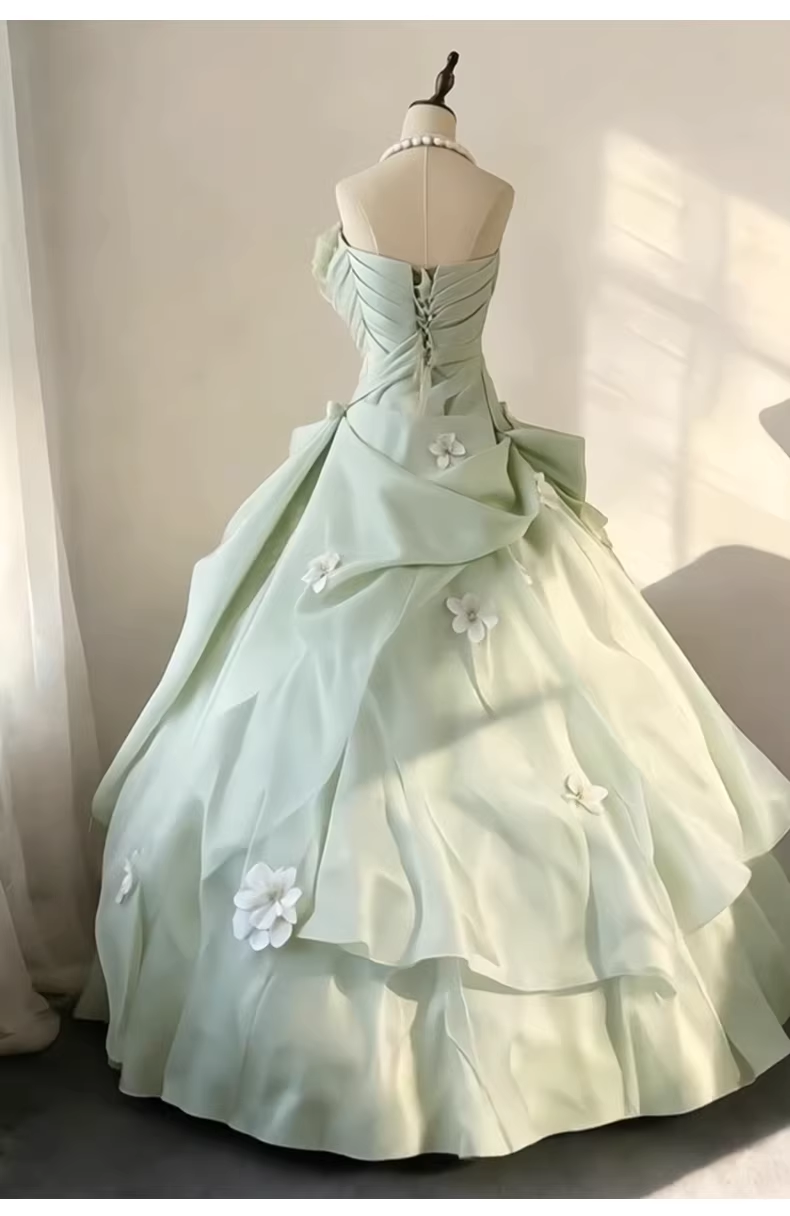 Elegant Mint Green Strapless Ball Gown 3D Floral Ruched Bodice Prom Dress Layered Tulle Formal Gown for Wedding & Quinceanera DP8237