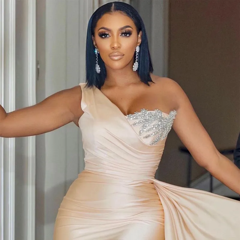 Modest Champagne One Shoulder Sleeveless Mermaid Satin Bridesmaid Dresses,DS4640