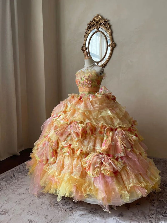 Robe de bal trapue en organza, multicolore pastel, à volants et plusieurs niveaux – Robe de princesse sans bretelles, embellie de fleurs, pour Quinceañera DP7007