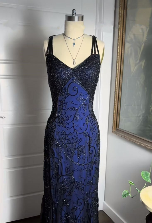 Atemberaubendes blaues Meerjungfrau-Vintage-Partykleid mit langen Trägern, DP3403
