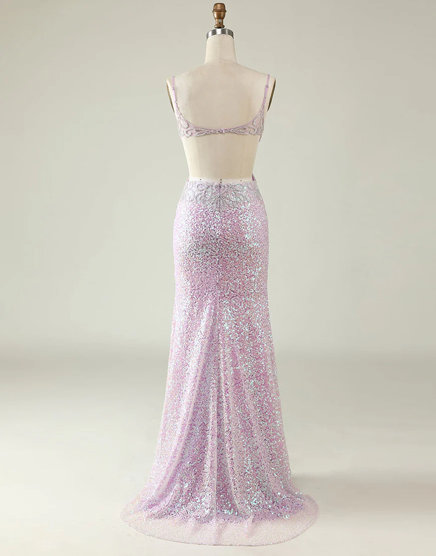 Sparkle Lilac V Neck Backless Long Prom Dress with Slit,DP1071