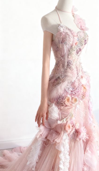 Chic Romantic Pink Floral Mermaid Prom Dress Ruffled Tulle 3D Flower Evening Gown DP7166