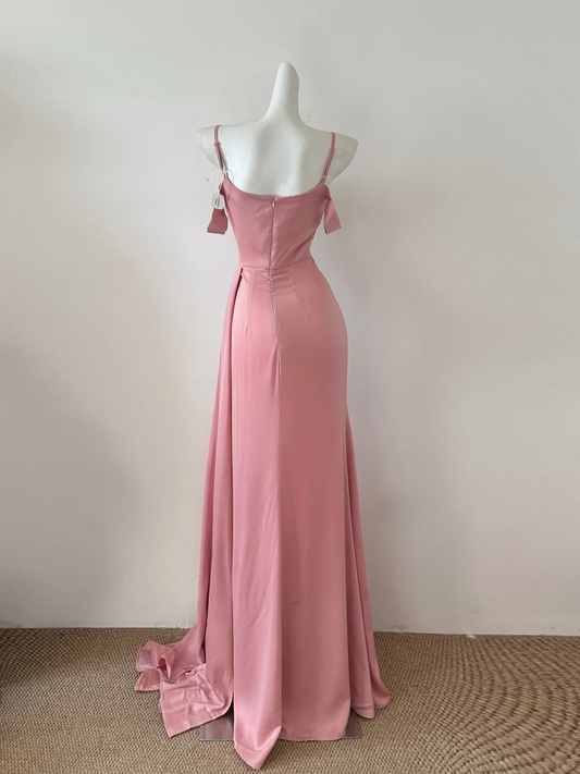 Glamorous Pink Satin Mermaid Prom Dress Off-the-Shoulder Spaghetti Strap Ruched Split Formal Evening Gown with Train DP8248
