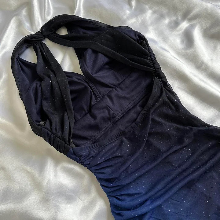 Vintage Gradient Navy Blue/Purple Halter-neck Sheath Prom Dress Evening Dress DP6368