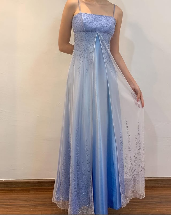 Light Blue Spaghetti Straps A-Line Satin Vintage Long Party Dress, DP3986