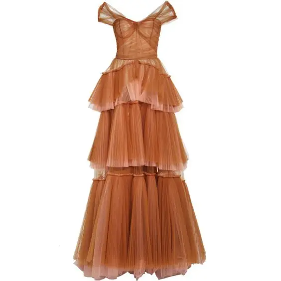 Robe de bal longue en tulle à épaules dénudées et à volants, coupe trapèze, DP607