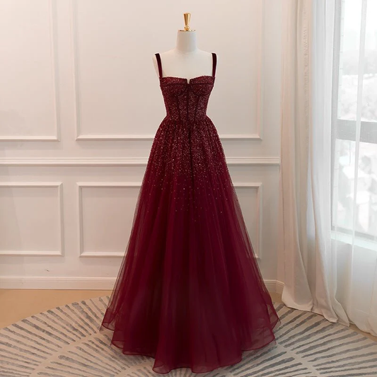 Shiny Burgundy Straps A-Line Long Formal Prom Dress Birthday Outfits, DP3586