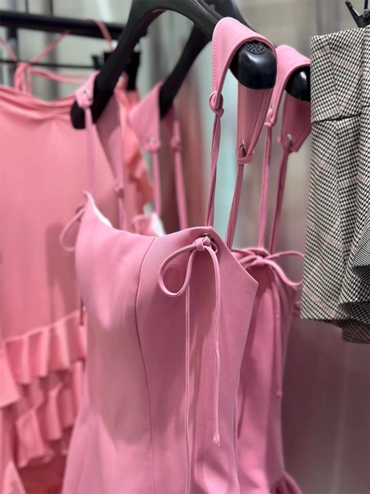 Robe de soirée trapèze rose à volants, nouvelle collection tendance, DP5839