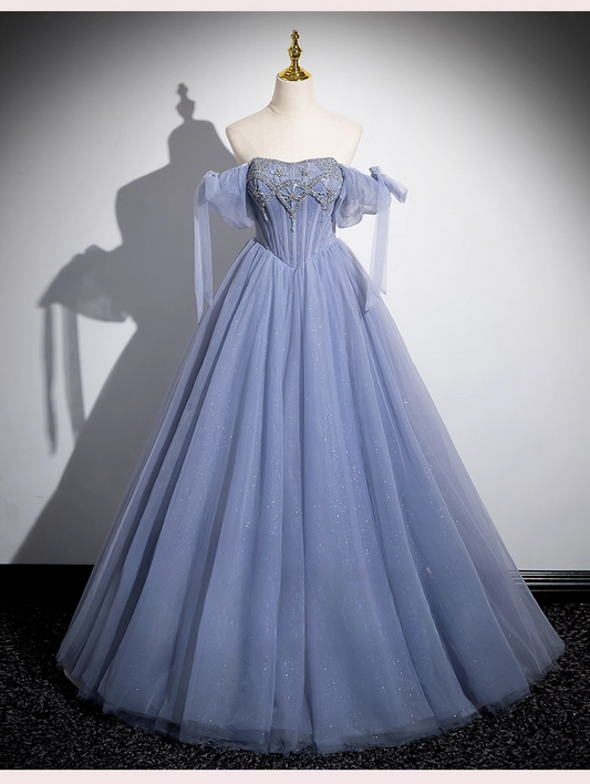 Vintage Dusty Blue Tulle Sweet 16 Quinceanera Beaded Evening Dress A-Line Floor Length Ball Gown DP6915